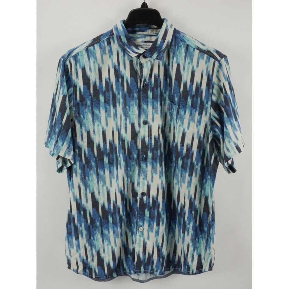 Tommy Bahama Mens XL Short Sleeve Blue White Aztec Southwestern Silk Blend Shirt